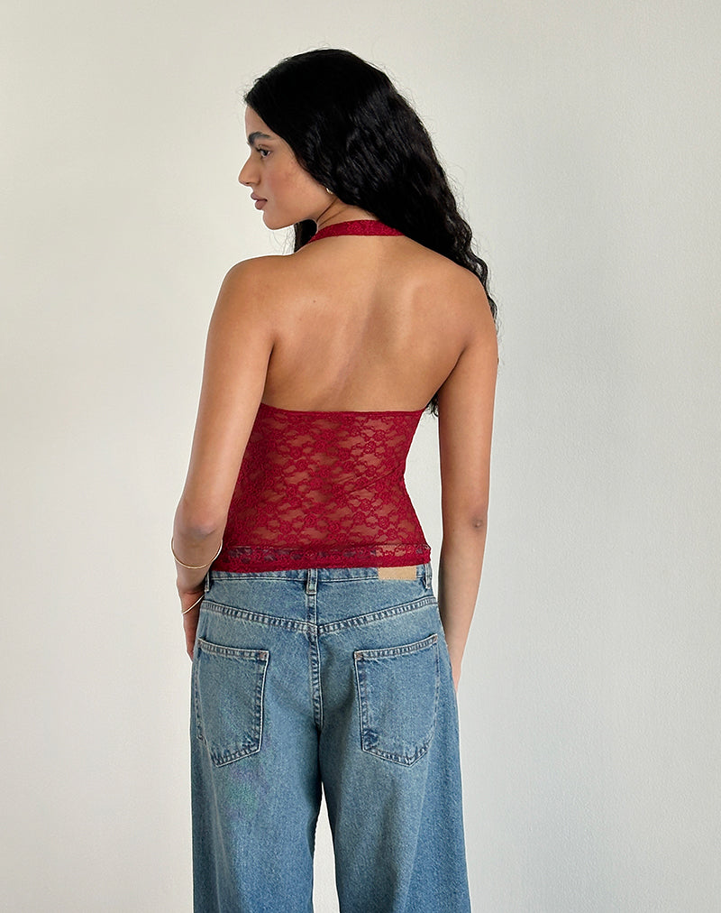 Image of Maggha Halterneck Top in Mari Lace Red