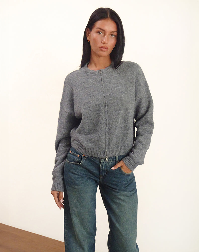 Image of Maira Zip Through Jacket in Knit Grey