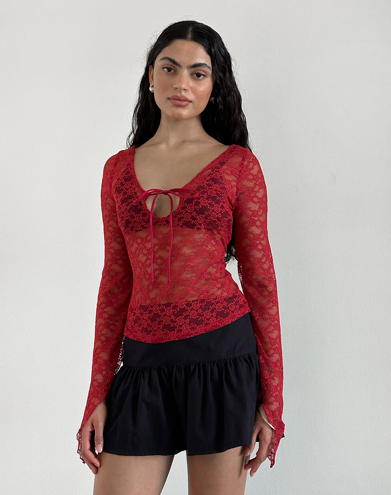 Natasha Tie Front Top in Mari Lace Red