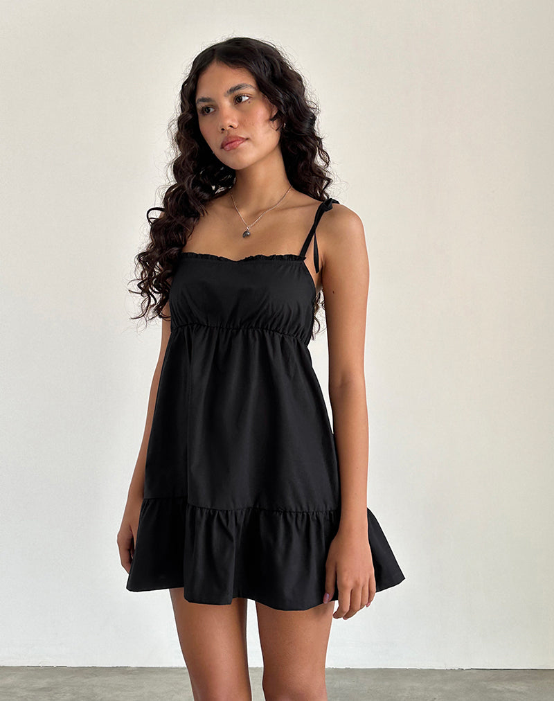 Image of Nigta Tie Front Mini Dress in Poplin Black