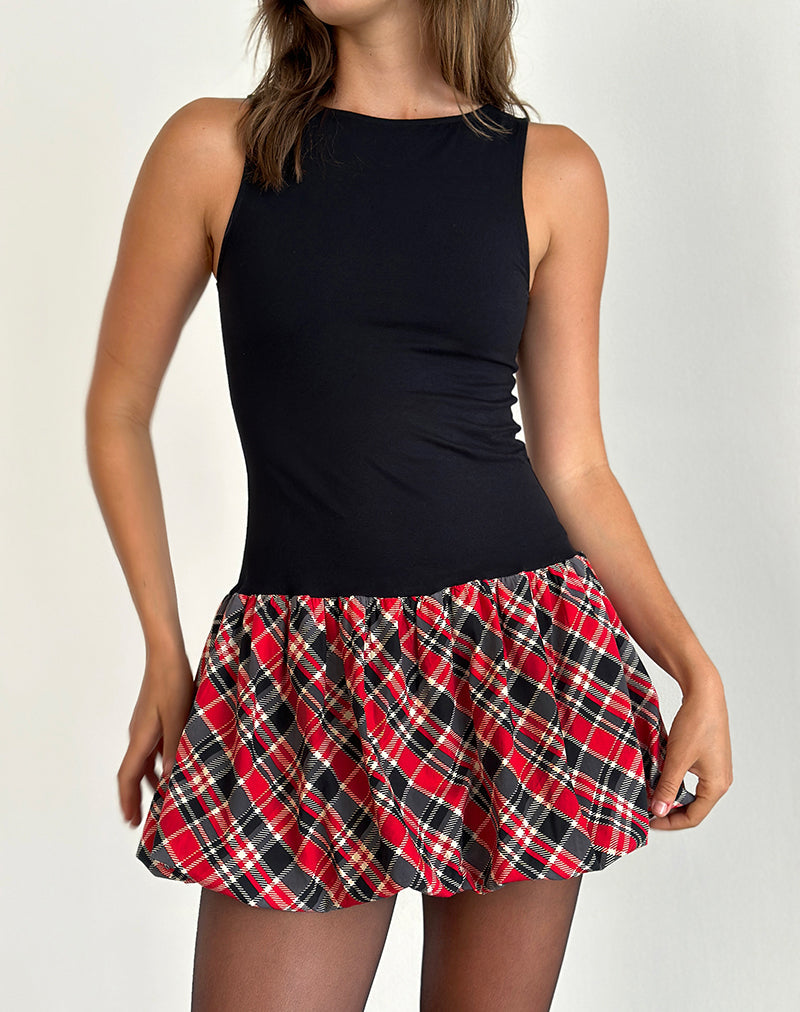 Ortega Mini Dress in Black with Diagonal Check Red