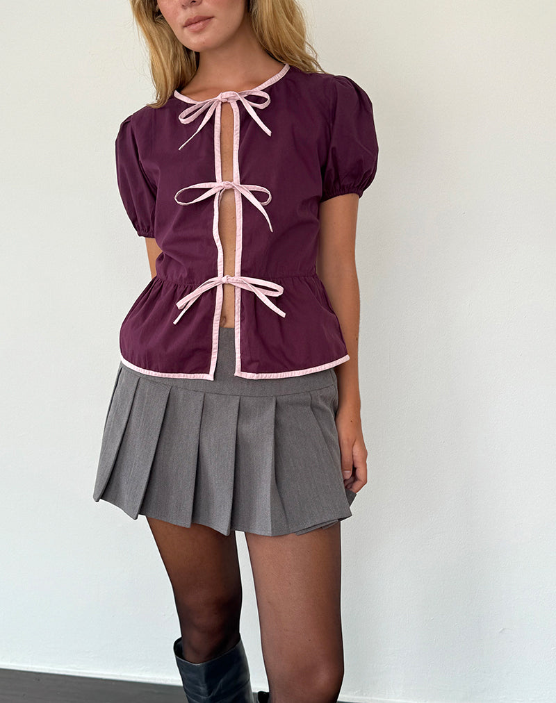 Ryota Tie Front Blouse in Oxblood with Pink Lady Binding