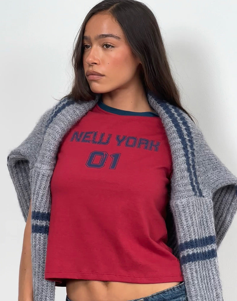 Image of Sakha Boxy Top in Adrenaline Red with Blue New York Print