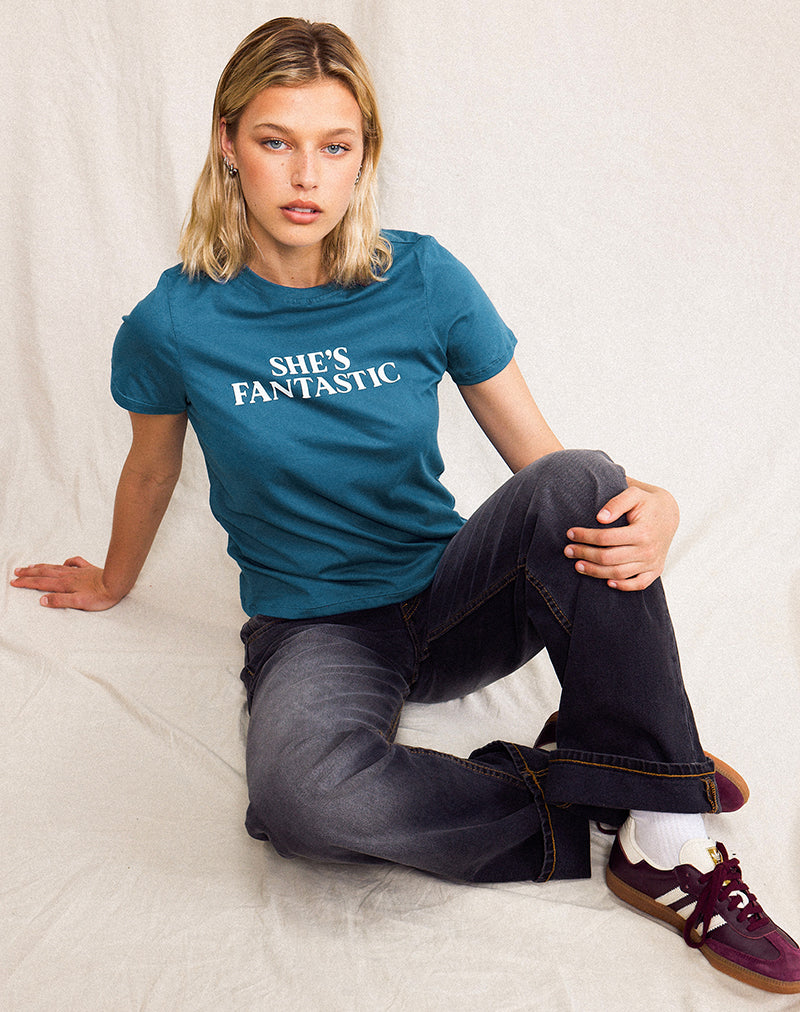 Saki Tee in Mediterranean Blue with She's Fantastic Slogan