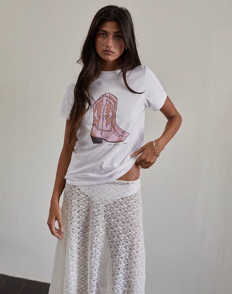 Image of Saki Tee in White with Pink Cowboy Boot Print