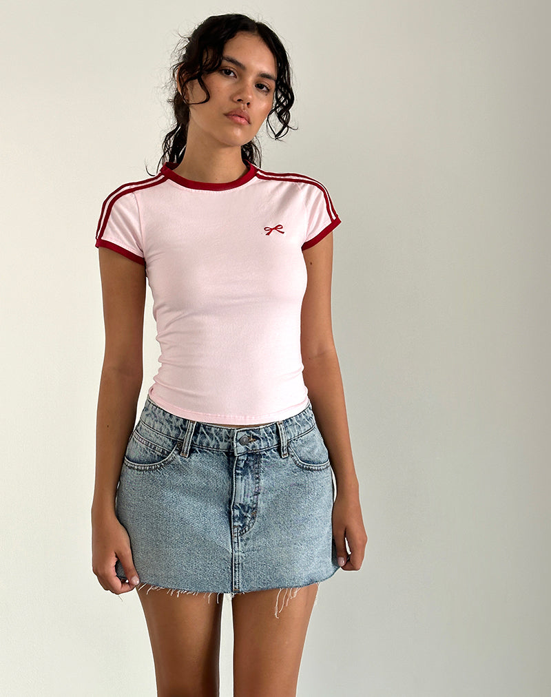 Image of Salda Top in Light Pink with Adrenaline Red Binding and Bow Embroidery