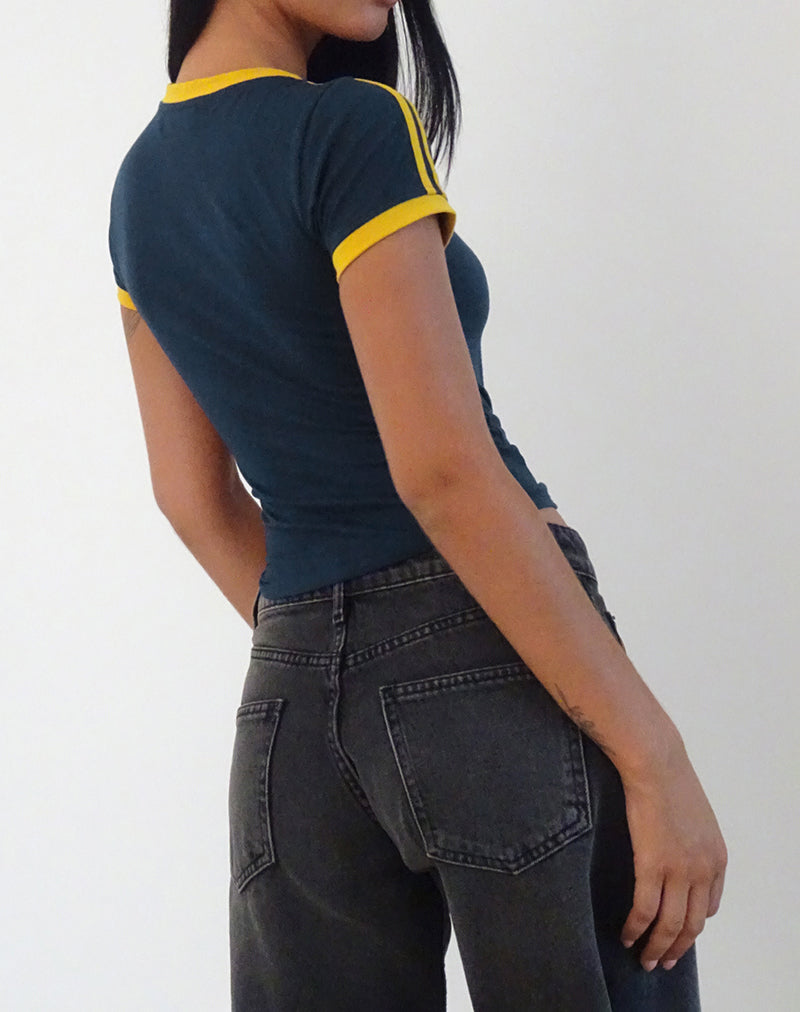 Image of Salda Top in Navy with Mustard Binding and Bow Embroidery