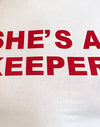 White with She's a Keeper Tango Red Binding