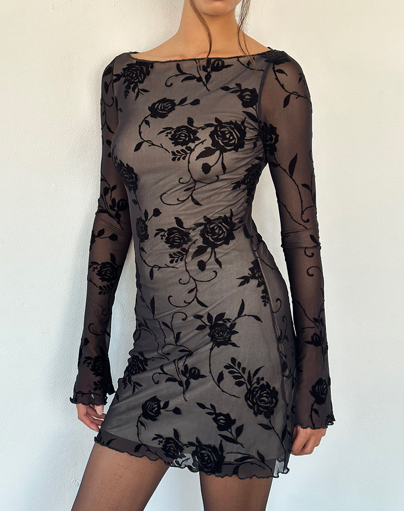 Mini robe à manches longues Sevila en flocon de rose noir