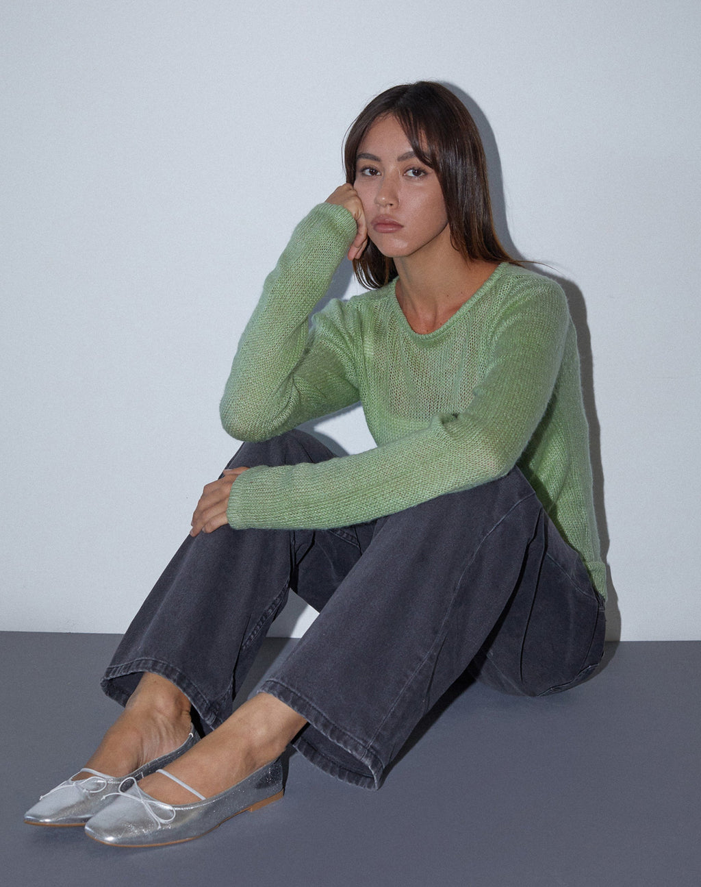 Sukana Long Sleeve Sheer-Knit Top in Light Green (Top à manches longues en tricot transparent)