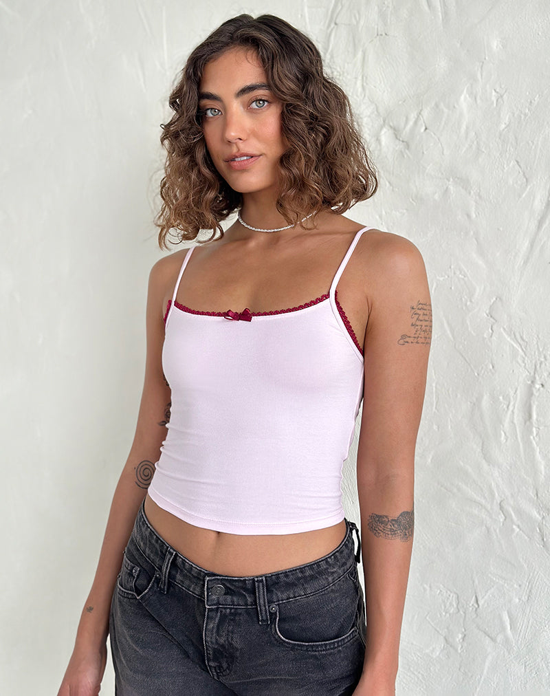 Image of Suna Vest Top in Light Pink with Burgundy Trim