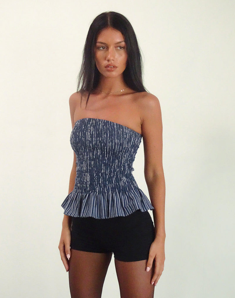 Sutisna Bandeau Top in Indigo Stripe Dark Blue