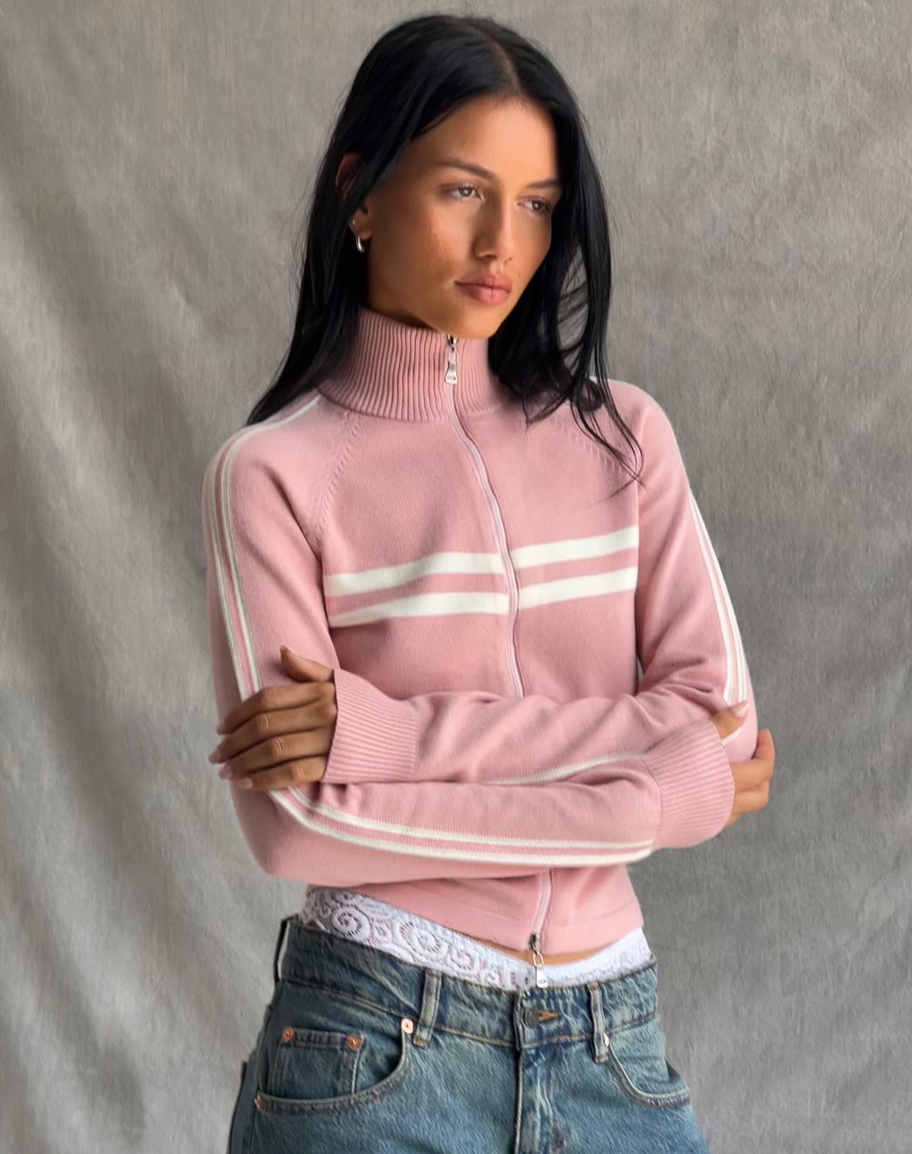 Talisa Sporty Zip Through Jacket in Knit Pink (Veste zippée sportive en tricot rose)