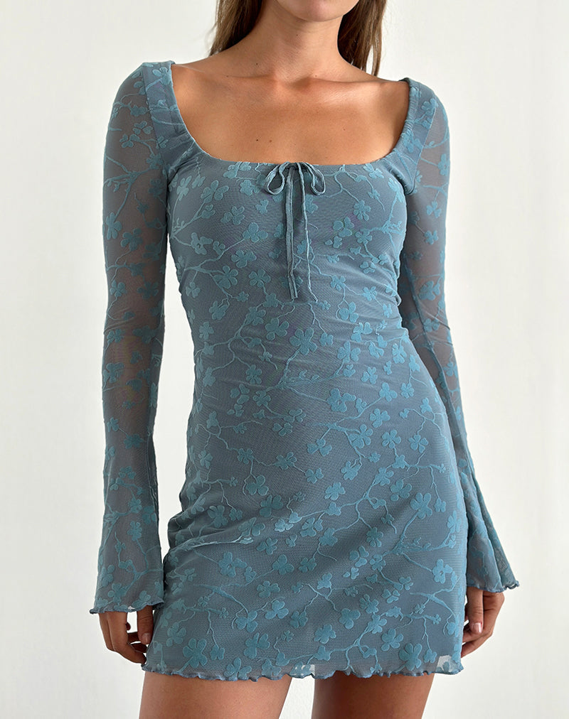 Image of Tatyana Mini Dress in Grunge Floral Blue Grey