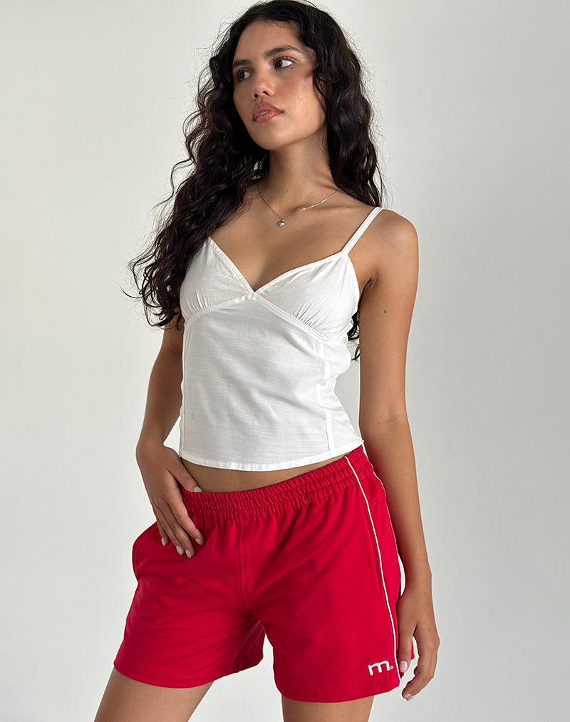 Thera Shorts in Tango Red with Off White Piping and M Emb
