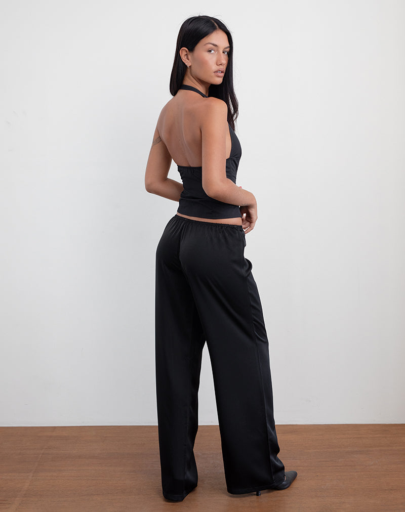 Image of Waski Wide Leg Trouser in Satin Black