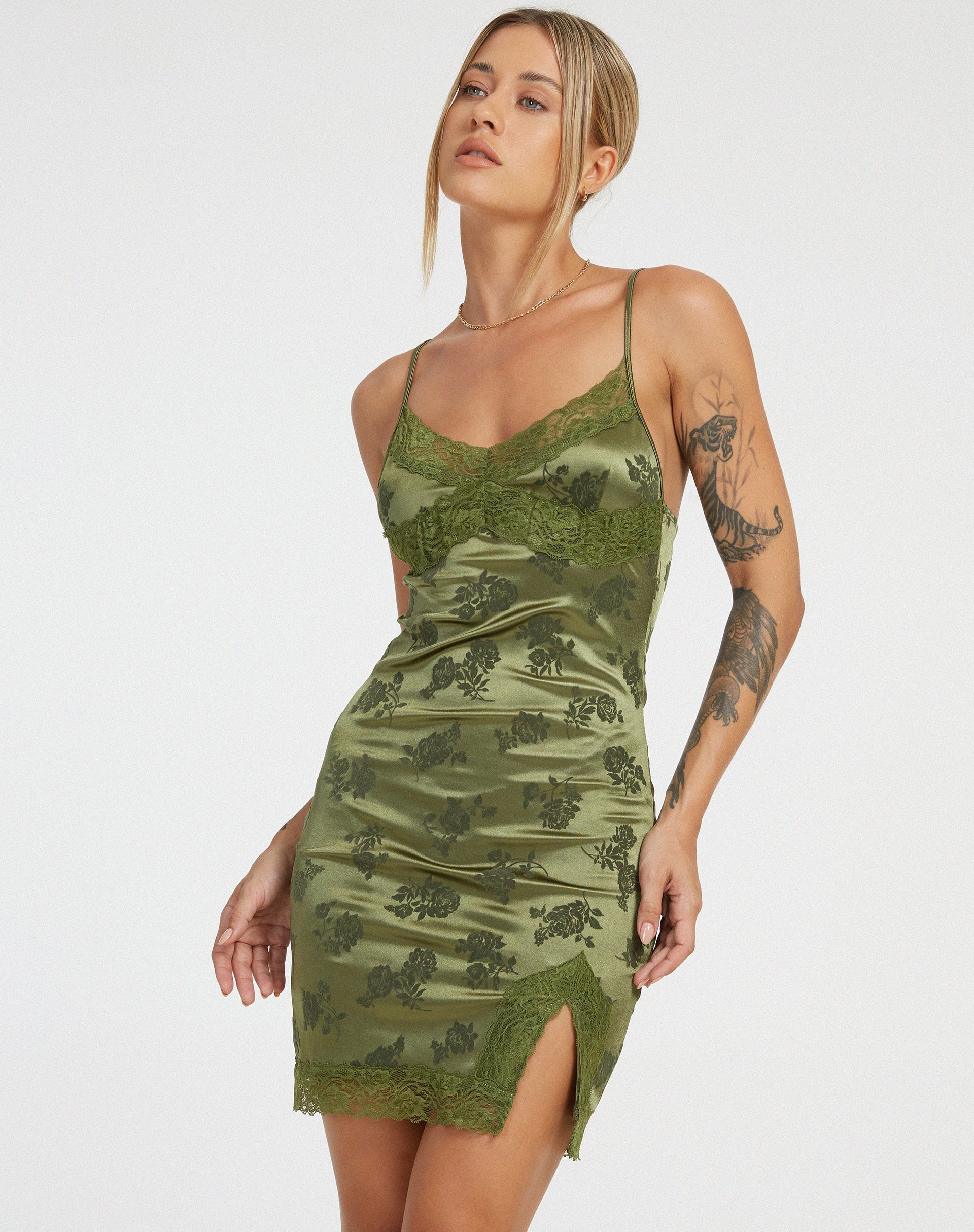 Image de la robe bodycon Coti en flocon de rose vert pailleté