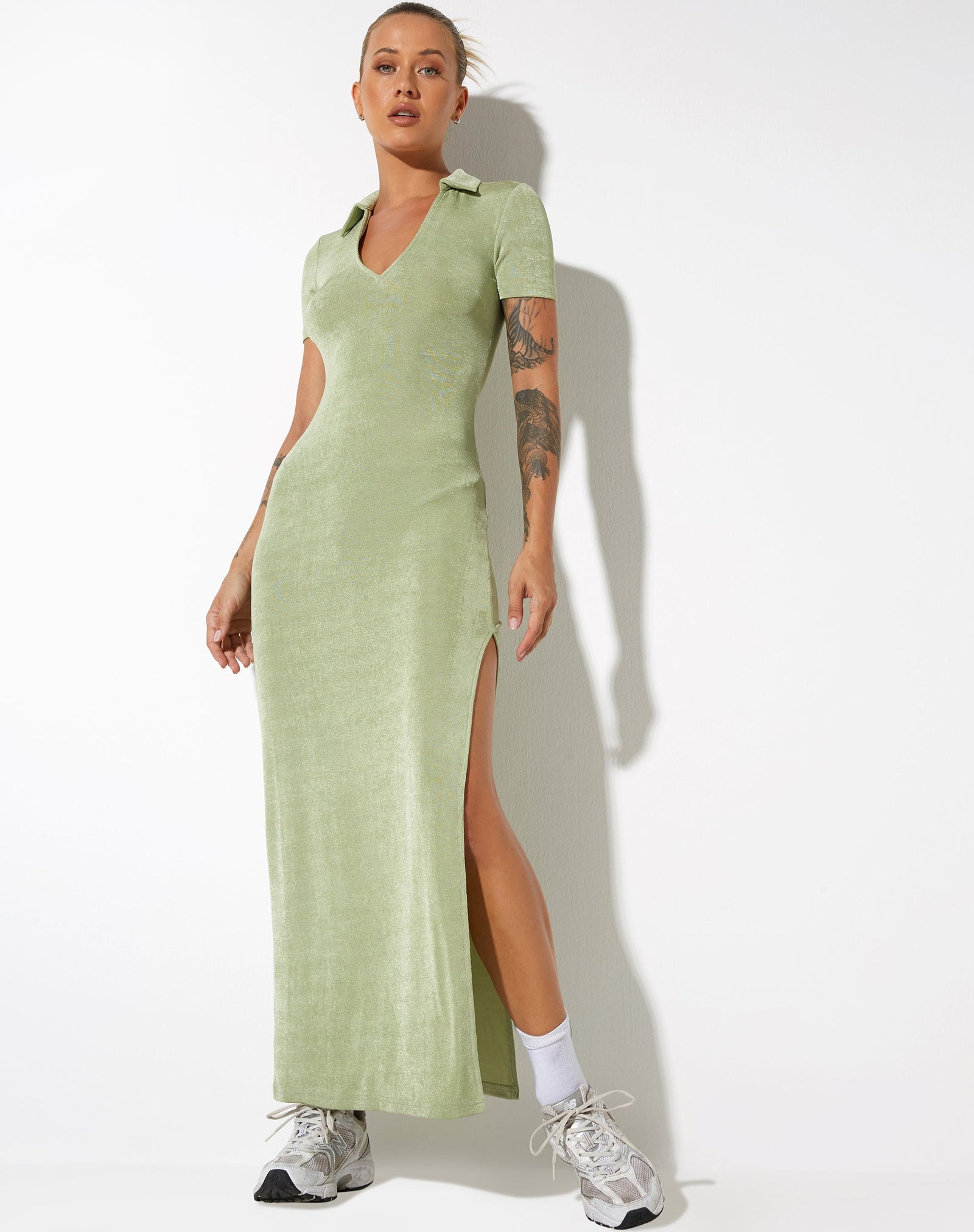 Robe longue à manches courtes vert clair | Savita - motelrocks-com-eur