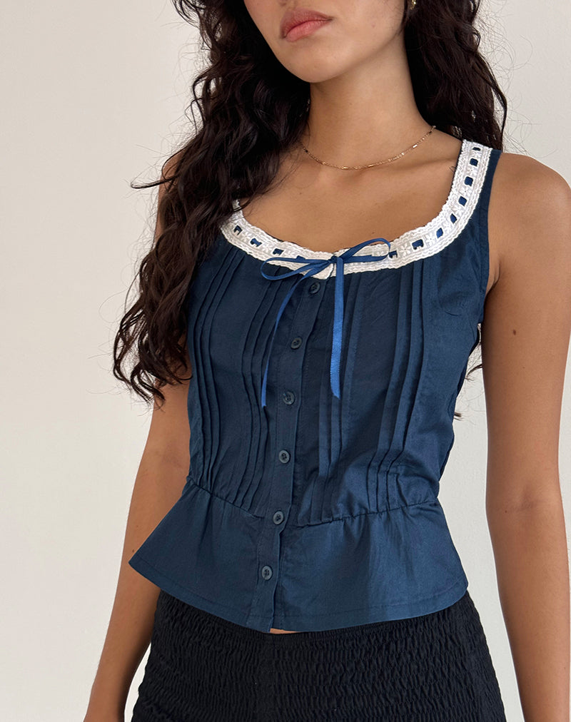 Image of Arhan Sleeveless Top in Navy Poplin with White Trim