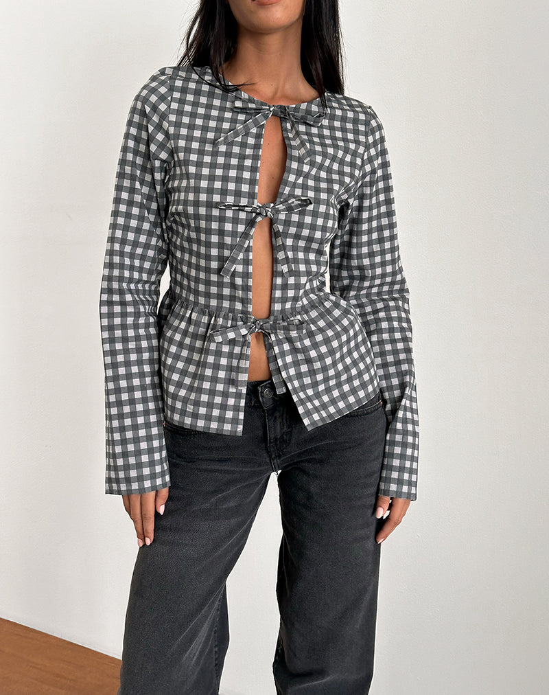 Bertaria Long Sleeve Top in Tonal Gingham Black and Grey