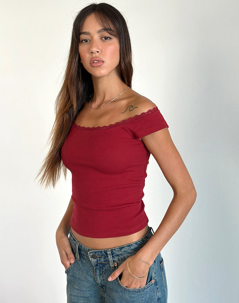 Image of Chacha Ribbed Top in Adrenaline Red with Lace Trim