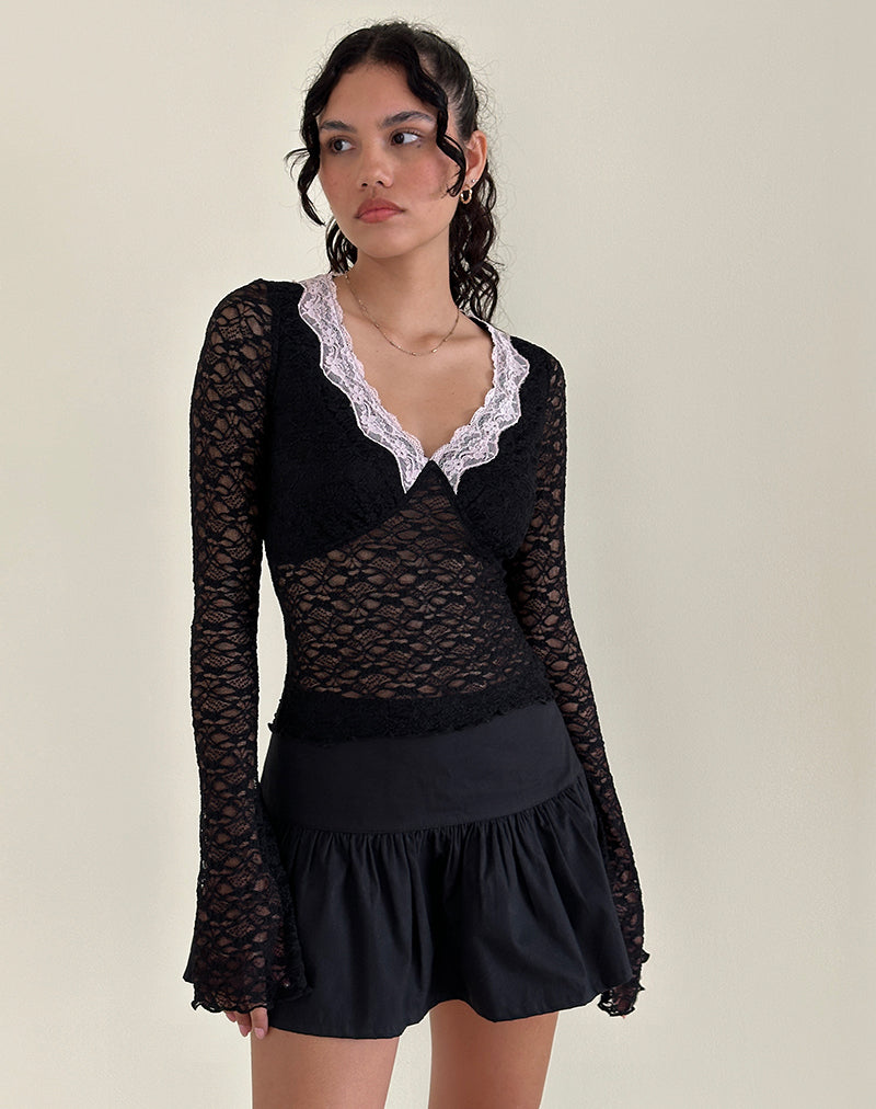 Image of Chantal Lace Top in Black with Pink Trim