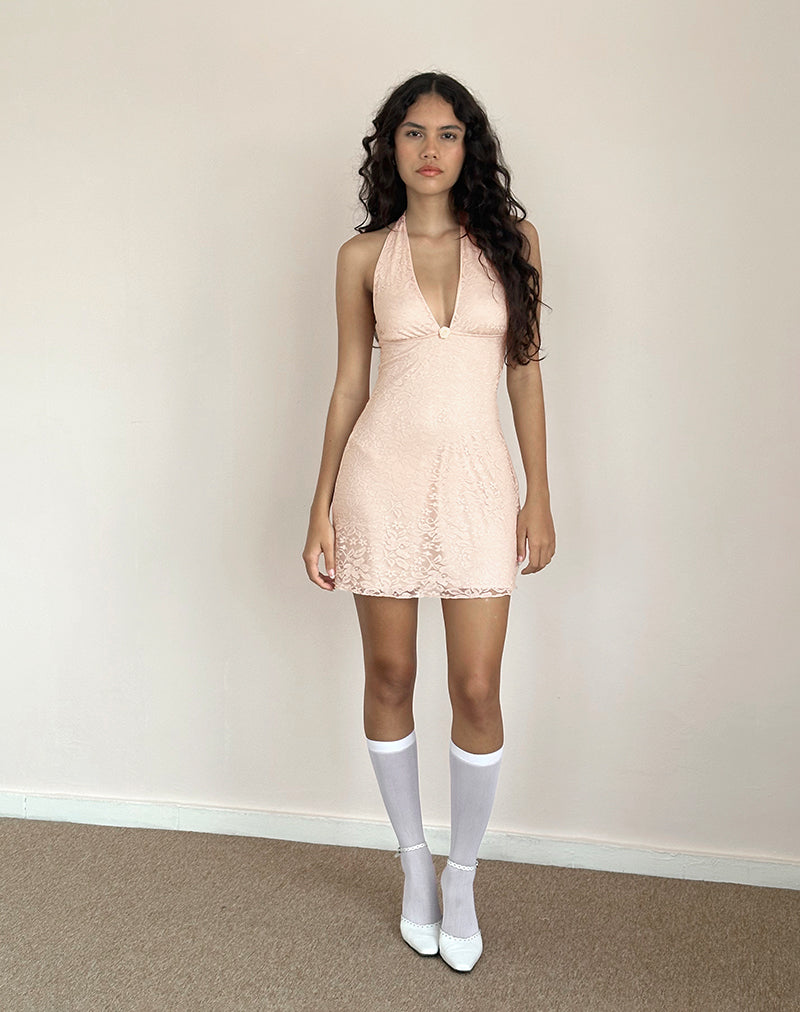 Image of Codami Halterneck Mini Dress in Lace Lotus Pink