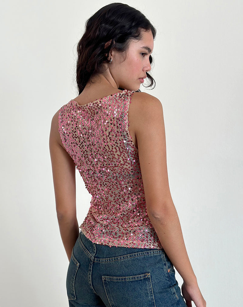 Image of Dudley Vest Top in Sequin Mesh Rose Gold