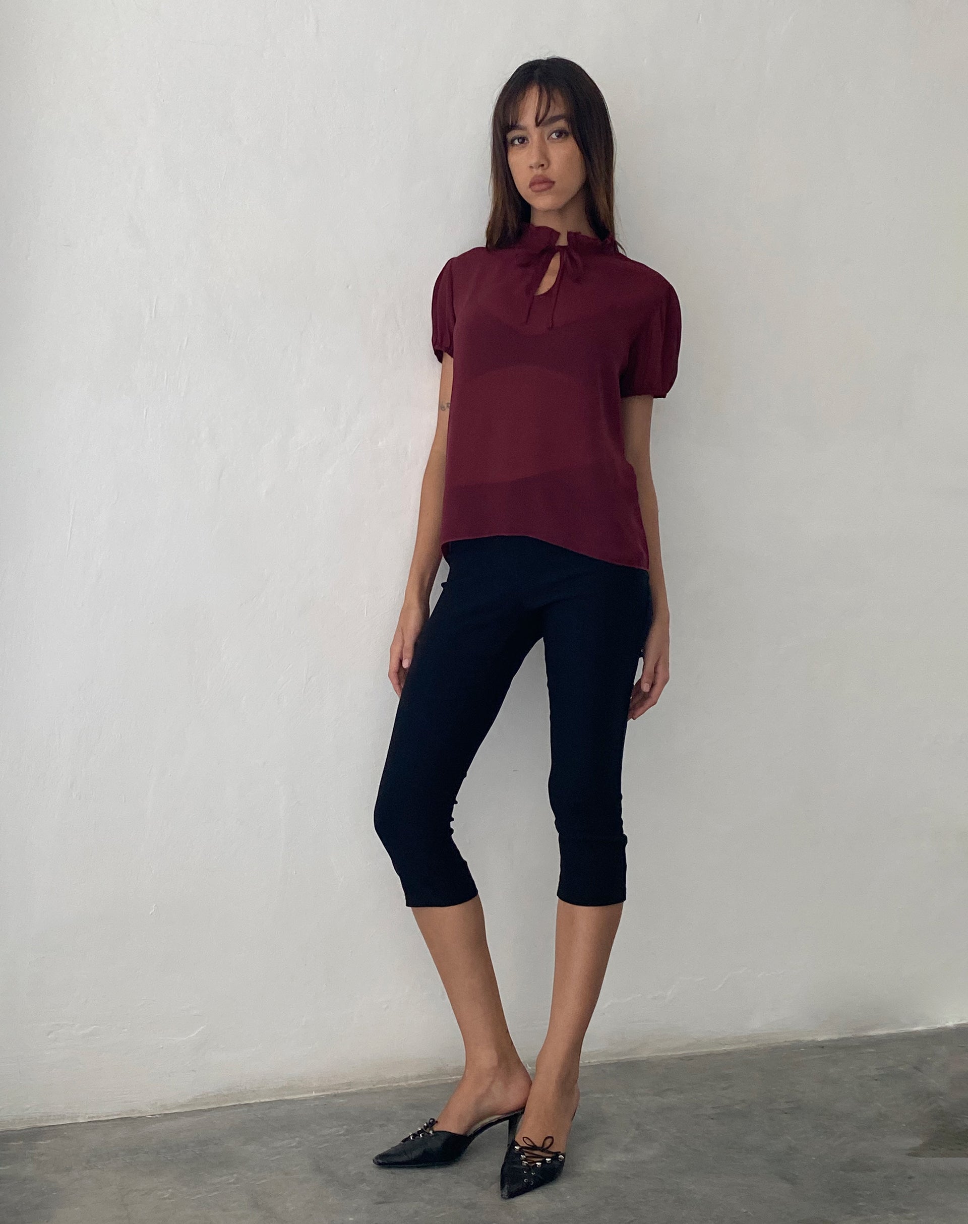 Afbeelding van Enzo Hoge Hals Blouse in Oxblood Chiffon