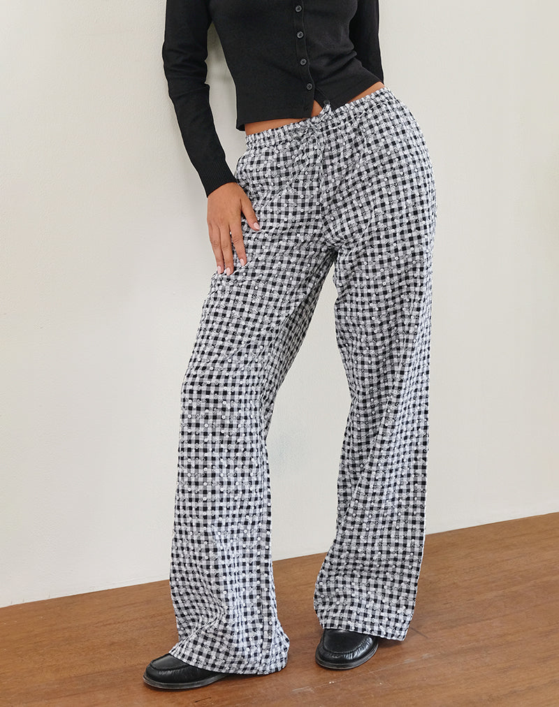 Image of Wasic Wide Leg Linen Trouser in Floral Gingham Black