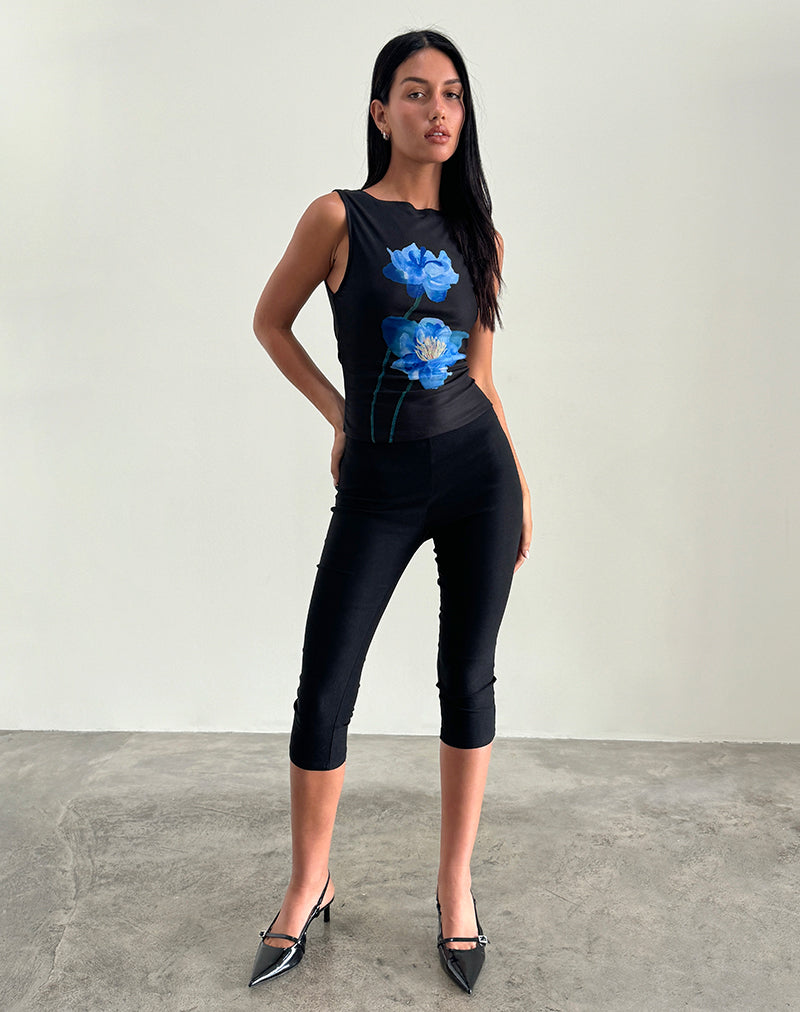 Image of Hala Top in Black with Blue Watercolour Flower