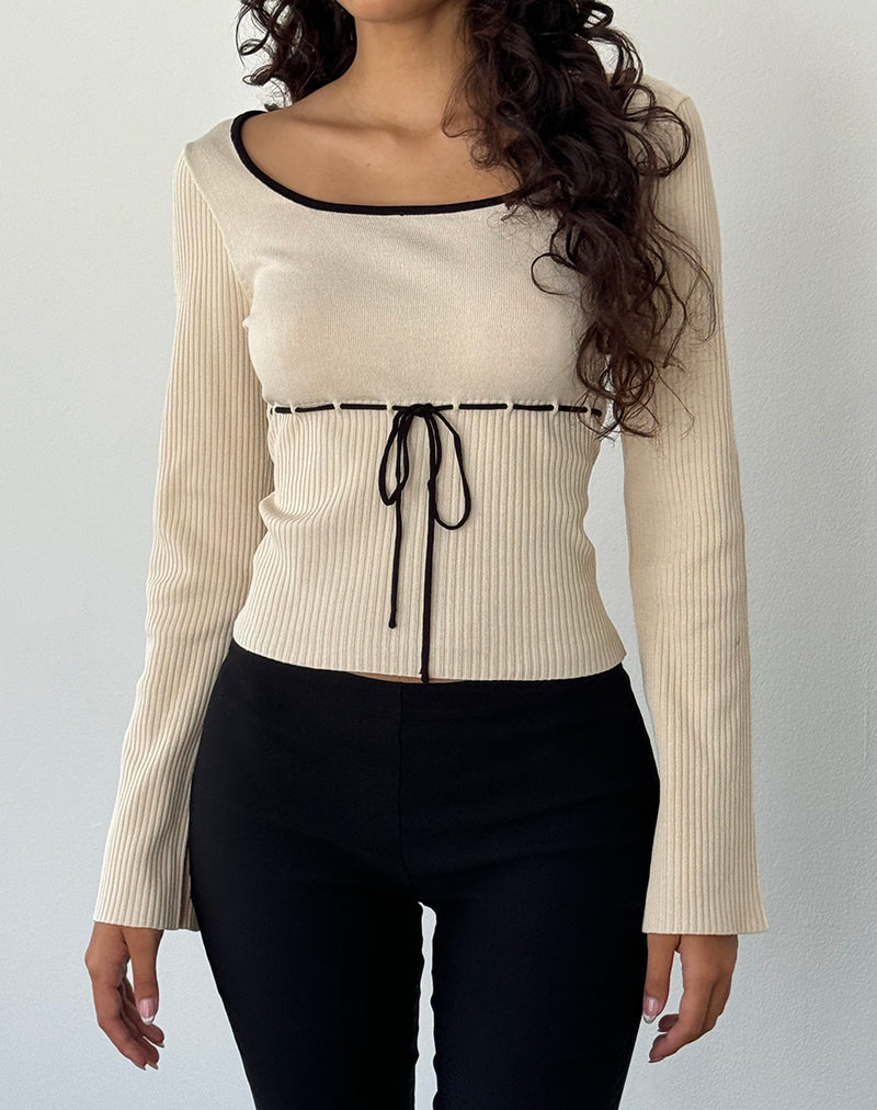 Image of Juhye Knitted Long Sleeve Top in Beige with Black Binding