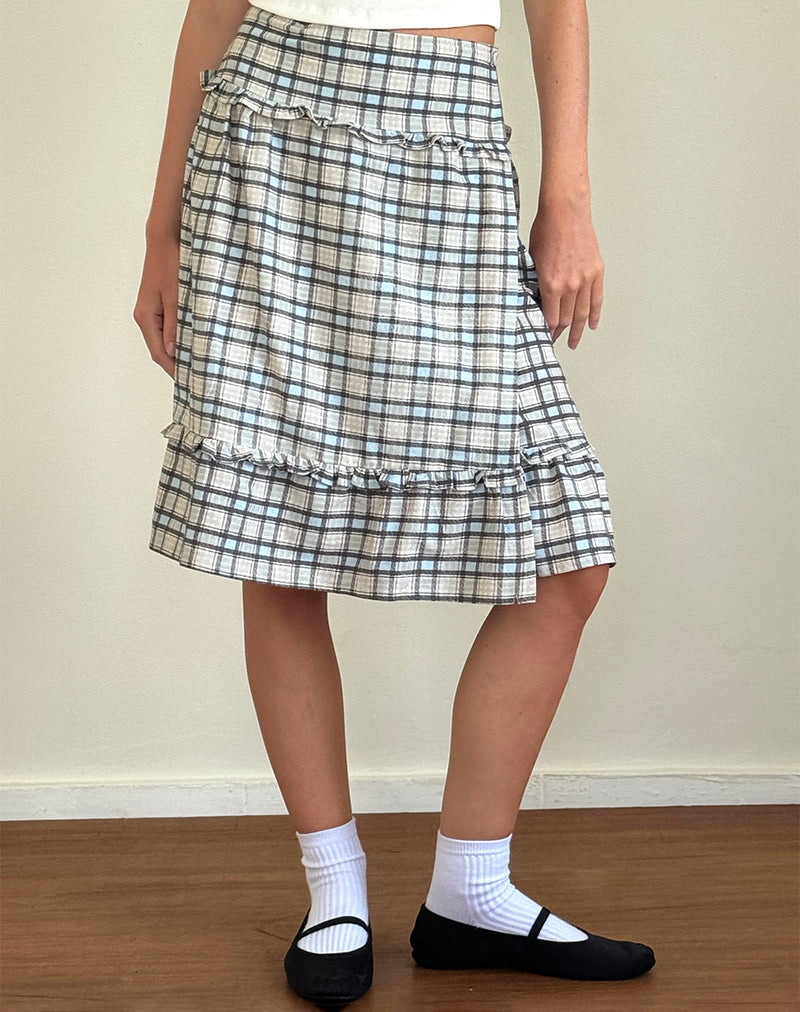 Kasya Midi Skirt in Pastel Blue Tartan