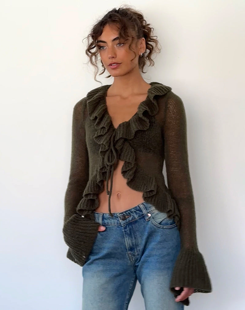 Afbeelding van Kendra Ruffle Cardi in Khaki