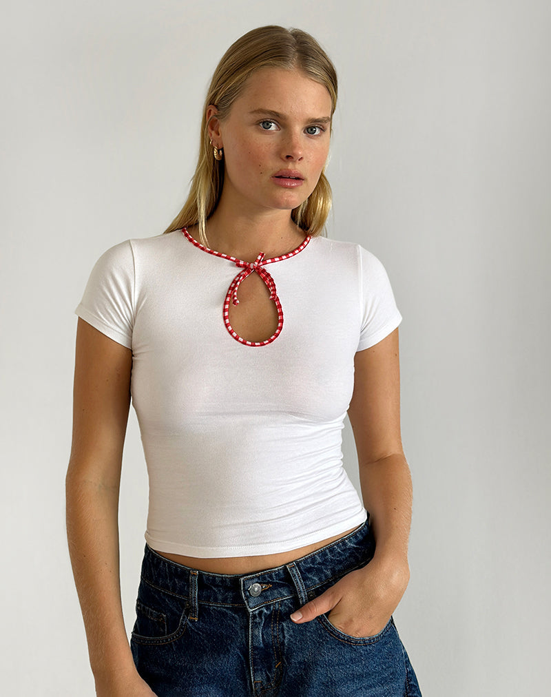 Monsel Tie Front Top in White with Red Gingham Binding