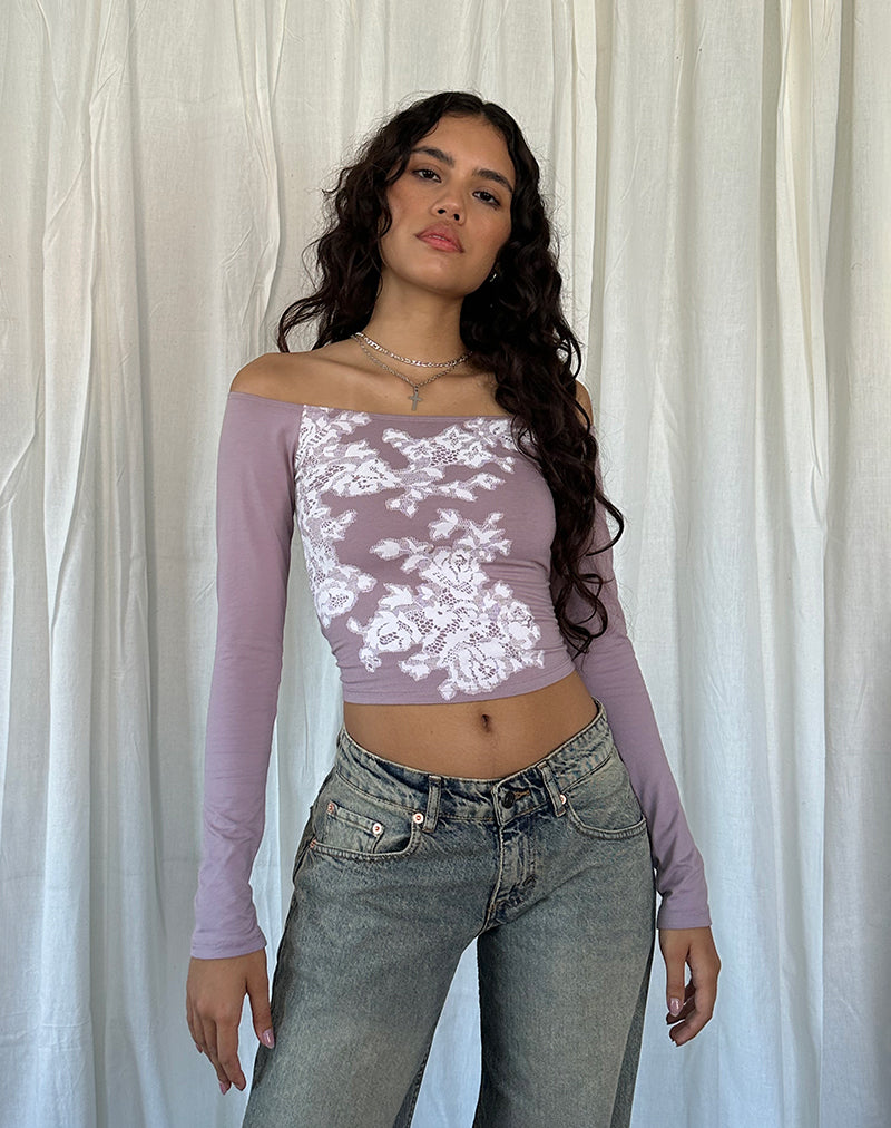 Nauby Bardot top met lange mouwen in licht Mauve bloemenkant