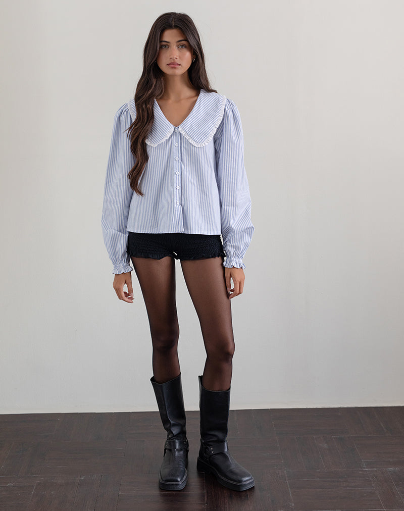 Image of Nelcy Oversized Collared Shirt in Small Vertical Stripe Blue