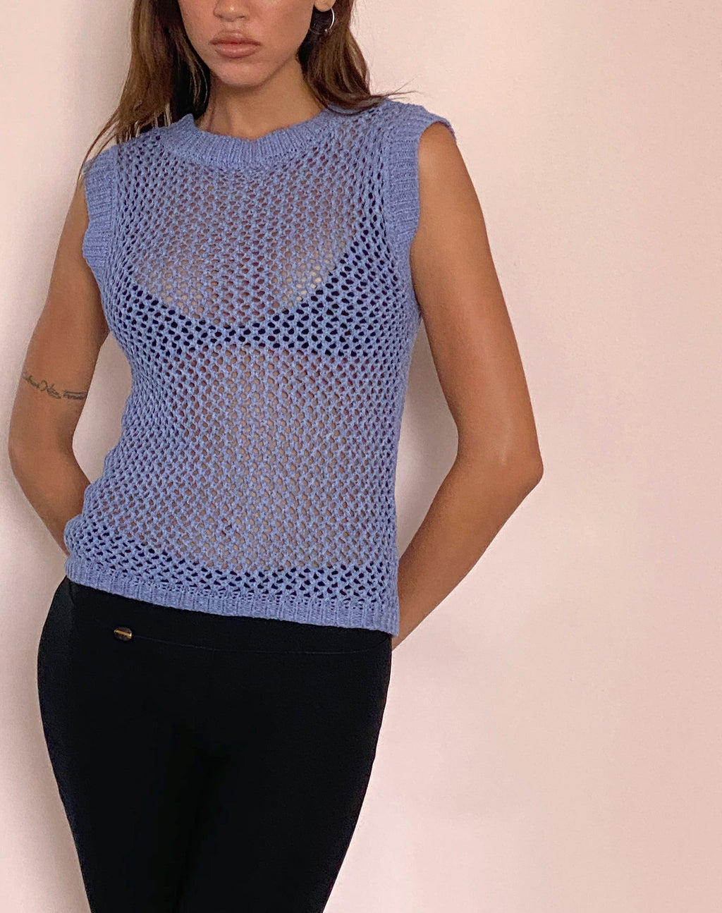 Nibura Open Rug Vest Top in Blauw Gebreid