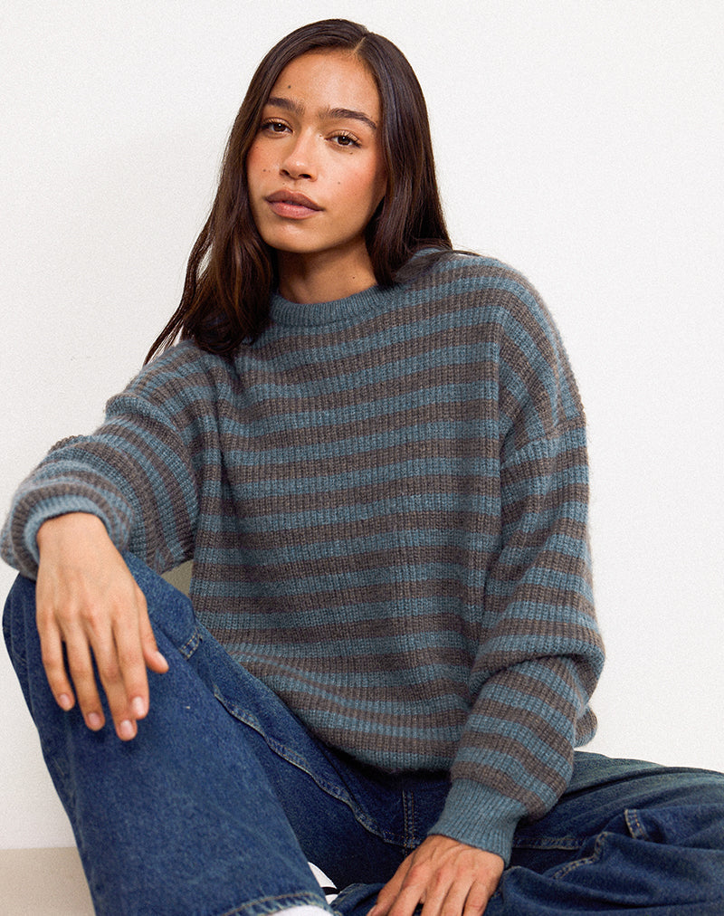 Orvala Knit Jumper in Slate and Brown Stripe