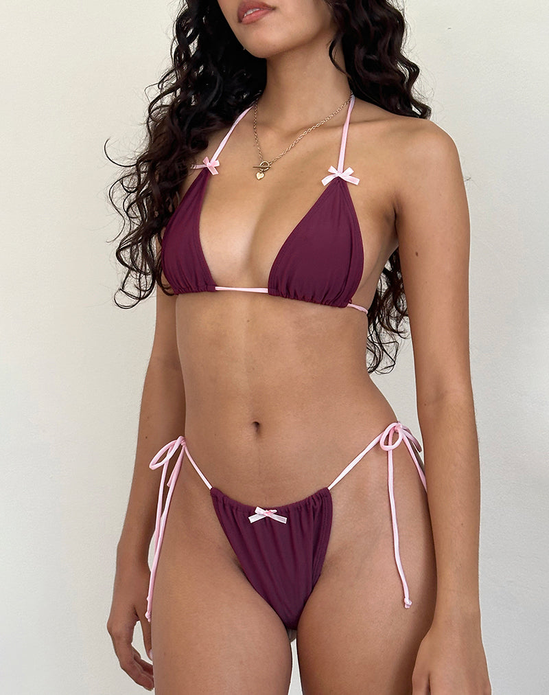 Leyna Bow Bikini Bottom in Wine with Sakura Pink Binding