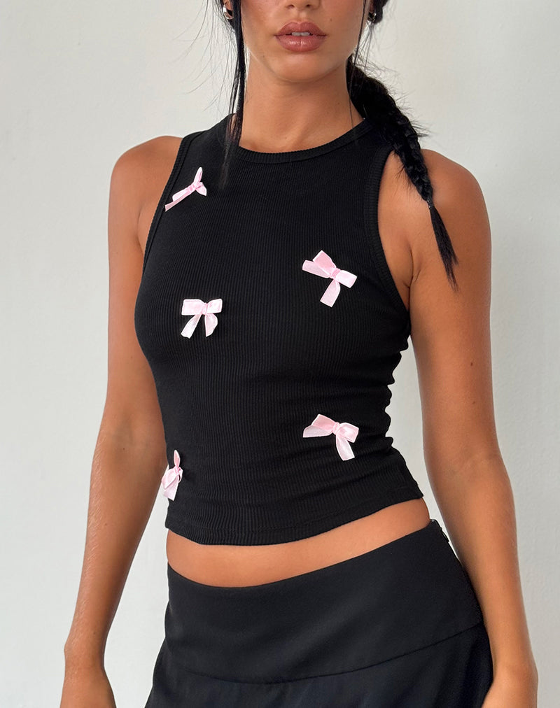 Afbeelding van Rave Vest Top in Zwart met Roze Strikjes