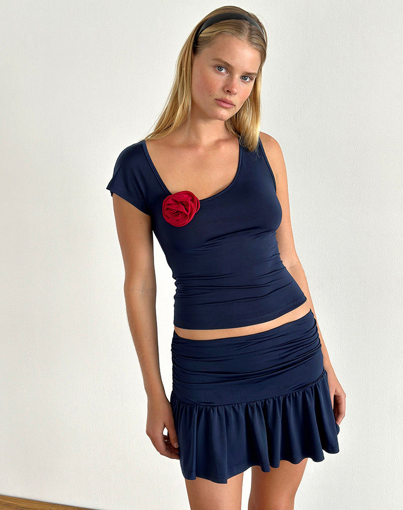 Rayla Top in Lycra Dark Navy with Red Rosette