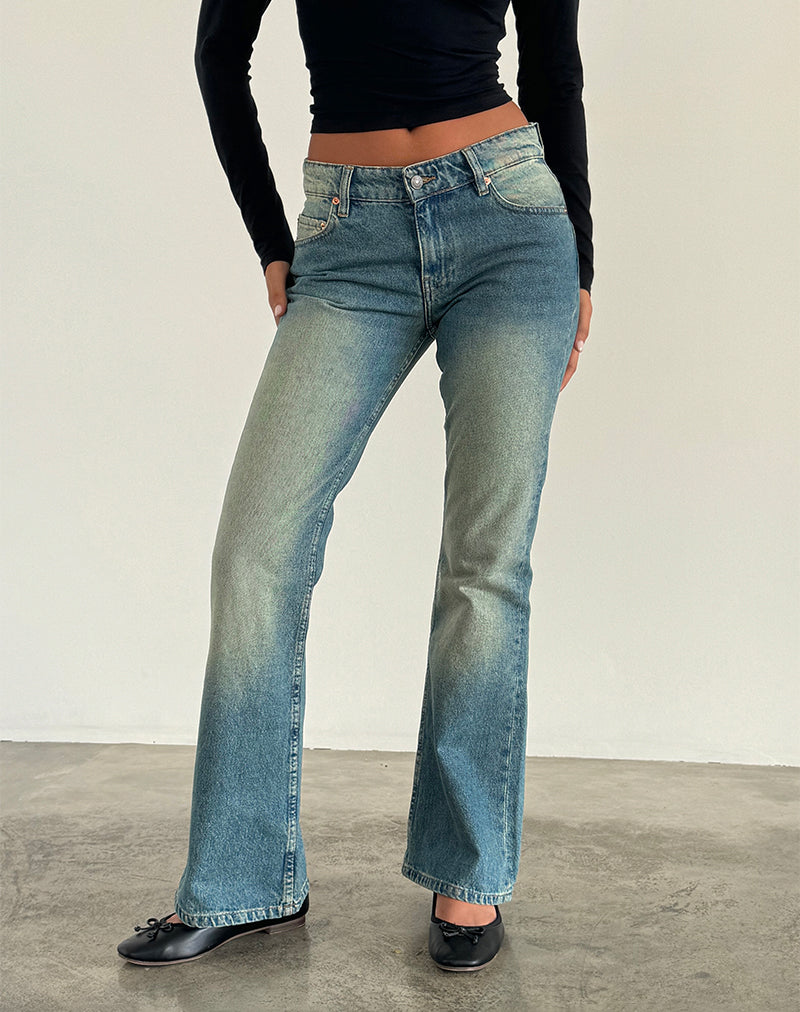 Stijve Low Rise Flare Jeans in Zeegroen