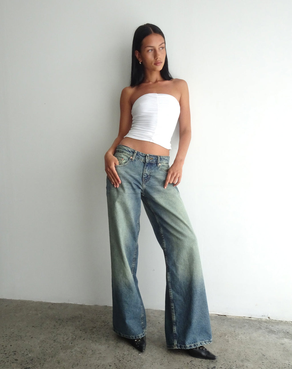 Extra wijde jeans met lage taille in extreem blauwgroen