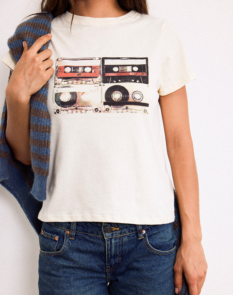 Saki Tee in Ivory with Retro Cassette Motif