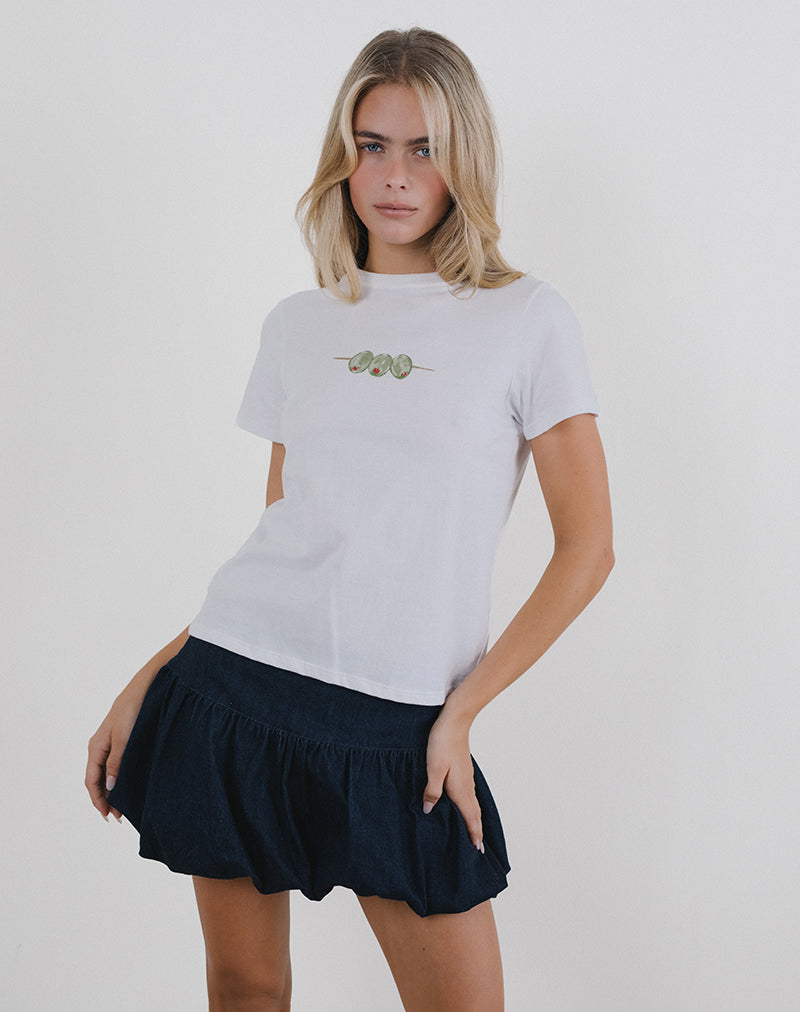 Image of Saki Tee in White with Olives Graphic