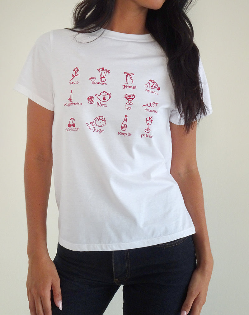 Saki Tee in White with Red Star Signs Print