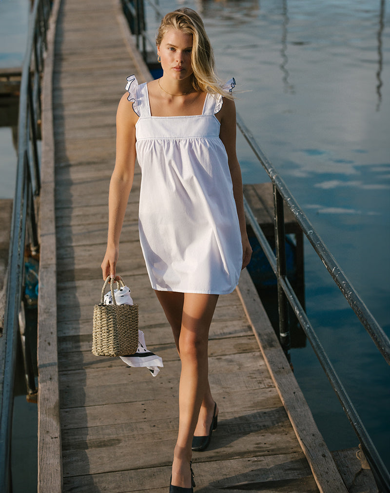 Sanaly Mini Dress in White with Navy Babylock