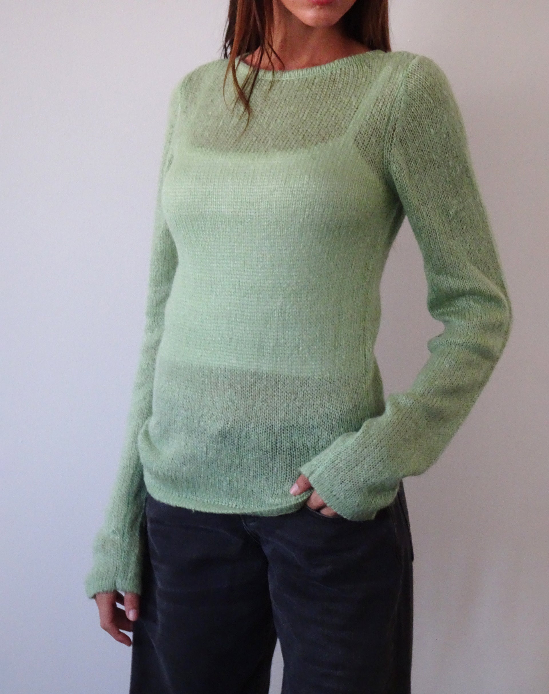 Afbeelding van Sukana Sheer-Knit Top met lange mouwen in lichtgroen