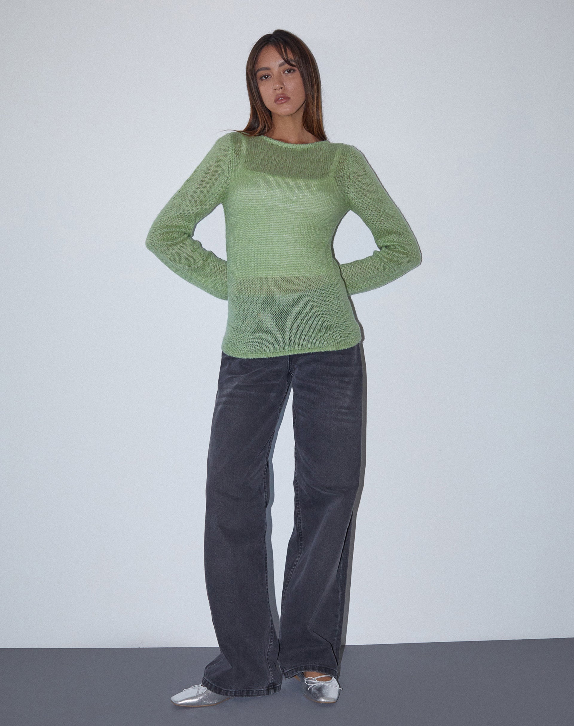 Afbeelding van Sukana Sheer-Knit Top met lange mouwen in lichtgroen